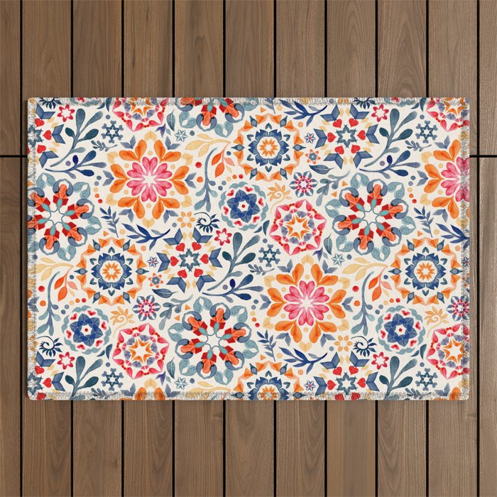 Watercolor Kaleidoscope Floral - desaturated Outdoor Rug Gallery Image 1
