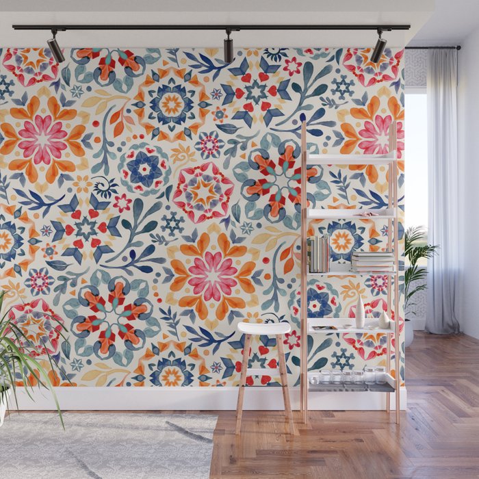 Watercolor Kaleidoscope Floral - desaturated Wall Mural Gallery Image 1