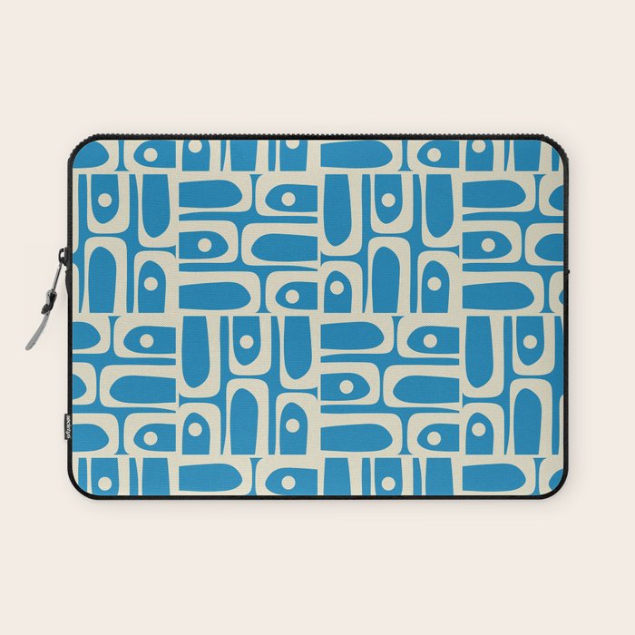 Mid Century Modern Piquet Abstract Multi Geometric Pattern in Retro Contemporary Blue and Cream Laptop Sleeve Gallery Image 1