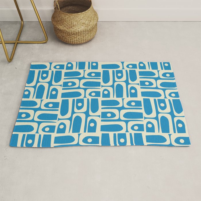 Mid Century Modern Piquet Abstract Multi Geometric Pattern in Retro Contemporary Blue and Cream Rug Gallery Image 1