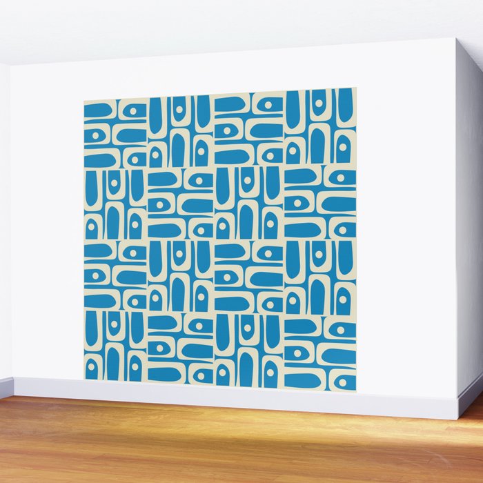 Mid Century Modern Piquet Abstract Multi Geometric Pattern in Retro Contemporary Blue and Cream Wall Mural Gallery Image 2