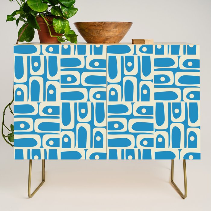 Mid Century Modern Piquet Abstract Multi Geometric Pattern in Retro Contemporary Blue and Cream Credenza Gallery Image 1