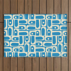 Mid Century Modern Piquet Abstract Multi Geometric Pattern in Retro Contemporary Blue and Cream Outdoor Rug Gallery Image 1