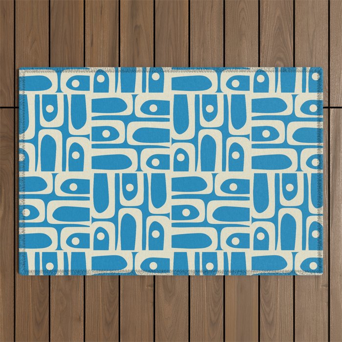 Mid Century Modern Piquet Abstract Multi Geometric Pattern in Retro Contemporary Blue and Cream Outdoor Rug Gallery Image 1