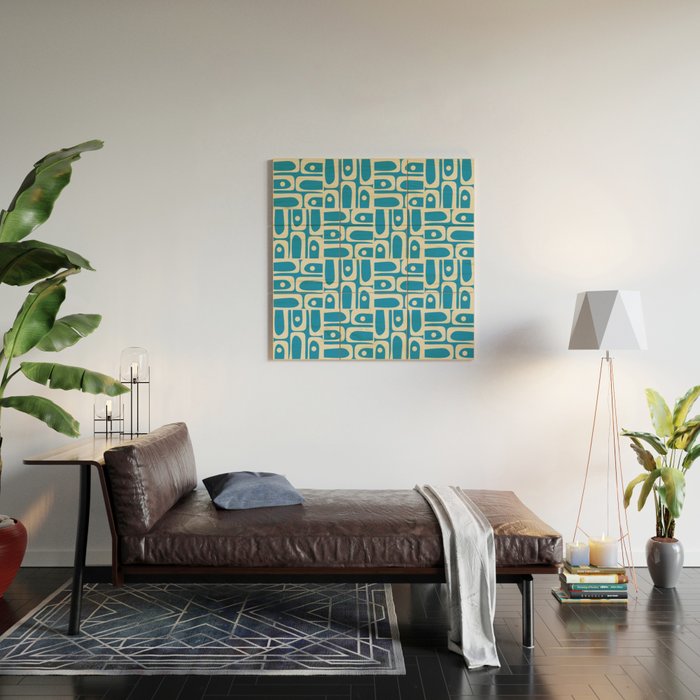 Mid Century Modern Piquet Abstract Multi Geometric Pattern in Retro Contemporary Blue and Cream Wood Wall Art Gallery Image 2