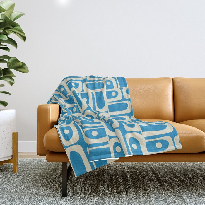 Mid Century Modern Piquet Abstract Multi Geometric Pattern in Retro Contemporary Blue and Cream Throw Blanket Gallery Image 1