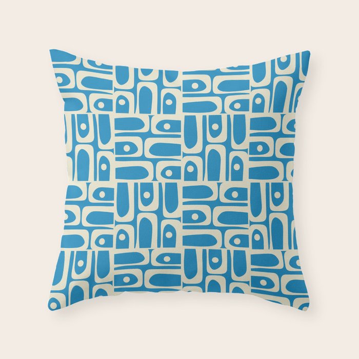 Mid Century Modern Piquet Abstract Multi Geometric Pattern in Retro Contemporary Blue and Cream Throw Pillow Gallery Image 1