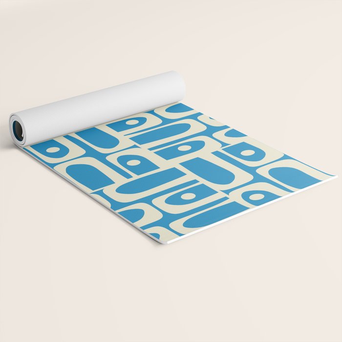 Mid Century Modern Piquet Abstract Multi Geometric Pattern in Retro Contemporary Blue and Cream Yoga Mat Gallery Image 2