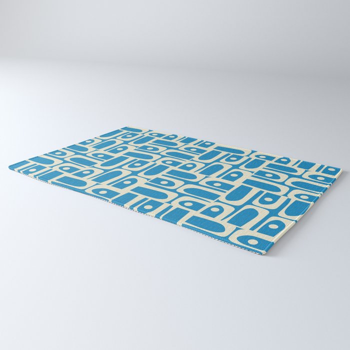 Mid Century Modern Piquet Abstract Multi Geometric Pattern in Retro Contemporary Blue and Cream Rug Gallery Image 3