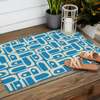 Mid Century Modern Piquet Abstract Multi Geometric Pattern in Retro Contemporary Blue and Cream Outdoor Rug Gallery Image 2