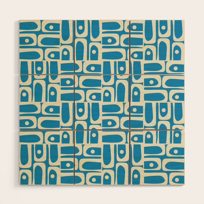 Mid Century Modern Piquet Abstract Multi Geometric Pattern in Retro Contemporary Blue and Cream Wood Wall Art Gallery Image 1