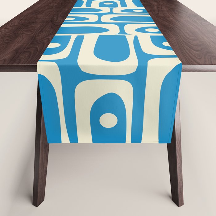 Mid Century Modern Piquet Abstract Multi Geometric Pattern in Retro Contemporary Blue and Cream Table Runner Gallery Image 1