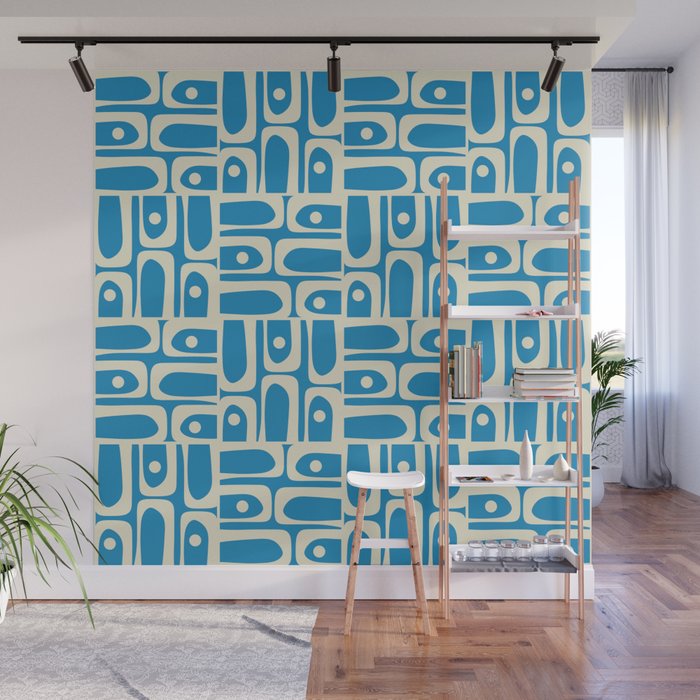 Mid Century Modern Piquet Abstract Multi Geometric Pattern in Retro Contemporary Blue and Cream Wall Mural Gallery Image 1
