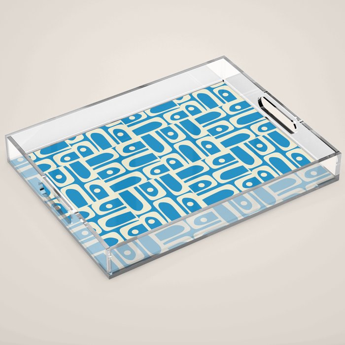 Mid Century Modern Piquet Abstract Multi Geometric Pattern in Retro Contemporary Blue and Cream Acrylic Tray Gallery Image 1