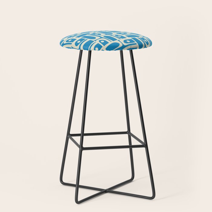 Mid Century Modern Piquet Abstract Multi Geometric Pattern in Retro Contemporary Blue and Cream Stool Gallery Image 1