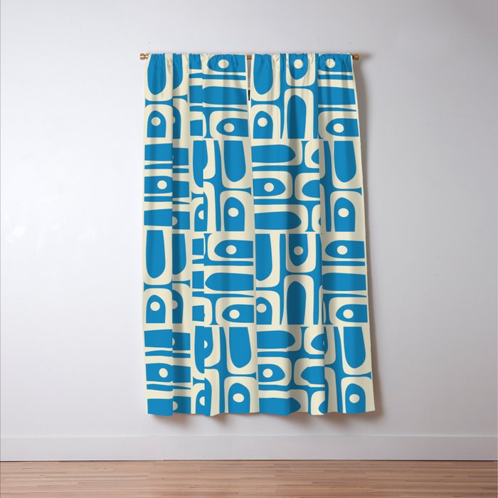 Mid Century Modern Piquet Abstract Multi Geometric Pattern in Retro Contemporary Blue and Cream Window Curtain Gallery Image 3