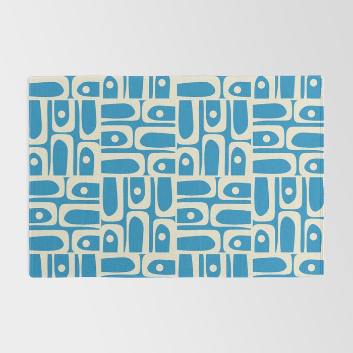 Mid Century Modern Piquet Abstract Multi Geometric Pattern in Retro Contemporary Blue and Cream Rug Gallery Image 2
