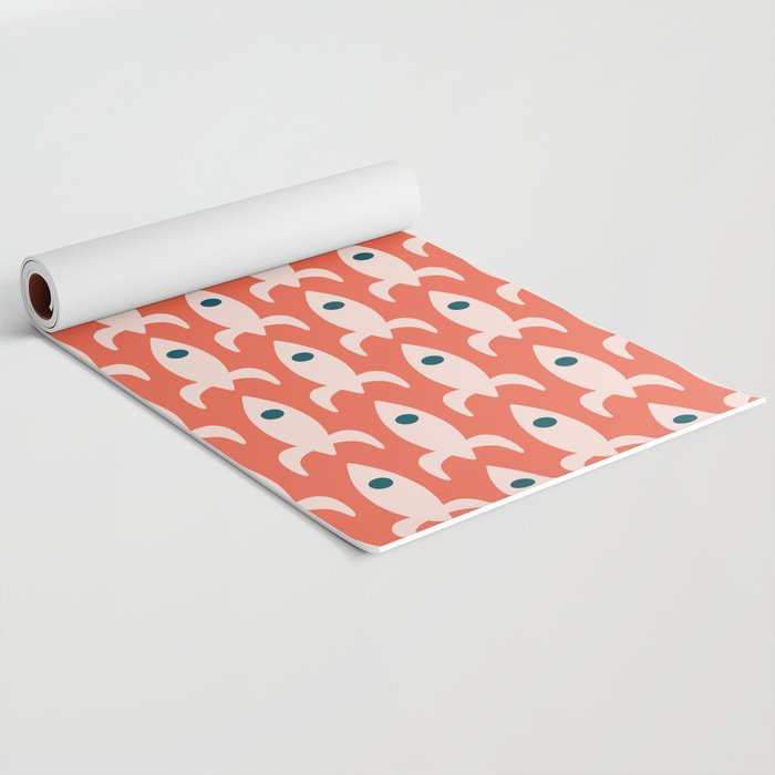 Retro Rockets - Midcentury Modern Space Age Pattern in Blush, Dark Teal, and Coral Orange Yoga Mat Gallery Image 2