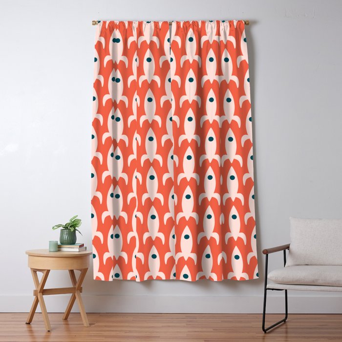 Retro Rockets - Midcentury Modern Space Age Pattern in Blush, Dark Teal, and Coral Orange Window Curtain Gallery Image 5