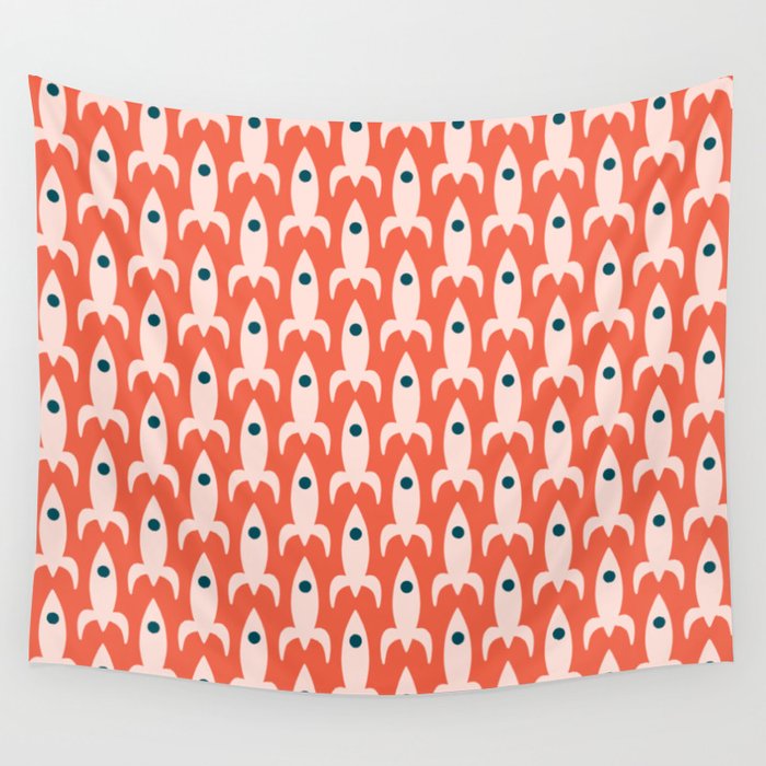 Retro Rockets - Midcentury Modern Space Age Pattern in Blush, Dark Teal, and Coral Orange Wall Tapestry Gallery Image 1