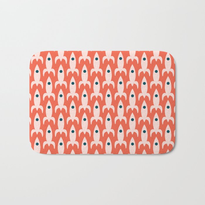 Retro Rockets - Midcentury Modern Space Age Pattern in Blush, Dark Teal, and Coral Orange Bath Mat Gallery Image 1