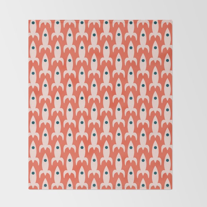 Retro Rockets - Midcentury Modern Space Age Pattern in Blush, Dark Teal, and Coral Orange Throw Blanket Gallery Image 2