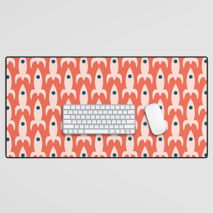 Retro Rockets - Midcentury Modern Space Age Pattern in Blush, Dark Teal, and Coral Orange Desk Mat Gallery Image 1