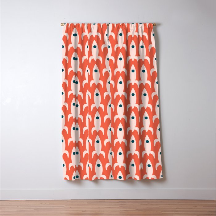 Retro Rockets - Midcentury Modern Space Age Pattern in Blush, Dark Teal, and Coral Orange Window Curtain Gallery Image 3