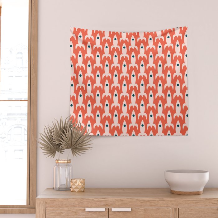 Retro Rockets - Midcentury Modern Space Age Pattern in Blush, Dark Teal, and Coral Orange Wall Tapestry Gallery Image 2