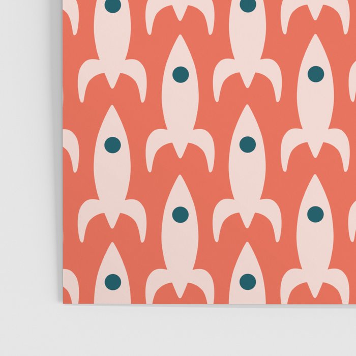 Retro Rockets - Midcentury Modern Space Age Pattern in Blush, Dark Teal, and Coral Orange Poster Gallery Image 3