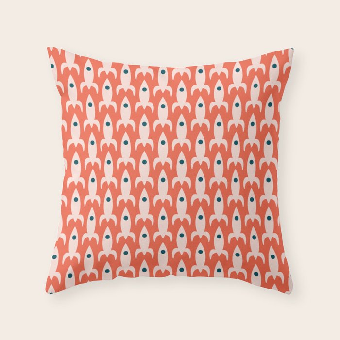 Retro Rockets - Midcentury Modern Space Age Pattern in Blush, Dark Teal, and Coral Orange Throw Pillow Gallery Image 1