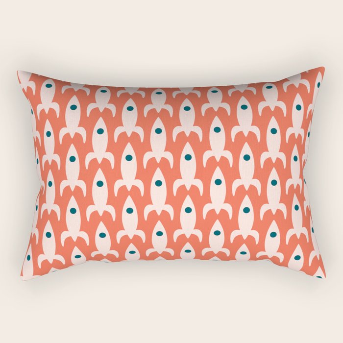Retro Rockets - Midcentury Modern Space Age Pattern in Blush, Dark Teal, and Coral Orange Rectangular Pillow Gallery Image 1