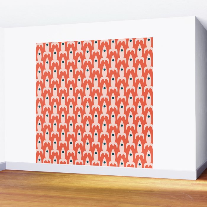 Retro Rockets - Midcentury Modern Space Age Pattern in Blush, Dark Teal, and Coral Orange Wall Mural Gallery Image 2