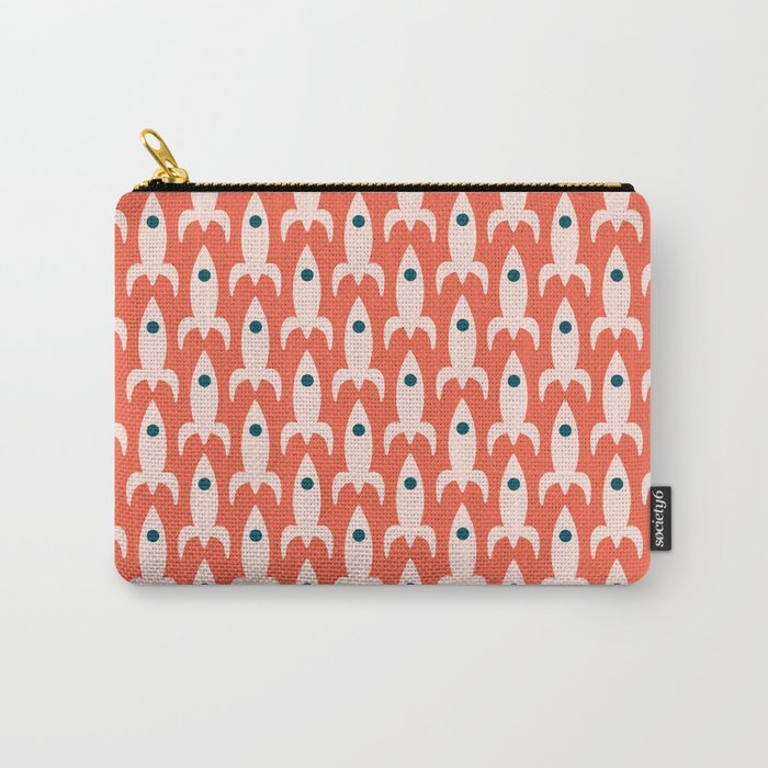 Retro Rockets - Midcentury Modern Space Age Pattern in Blush, Dark Teal, and Coral Orange Carry All Pouch Gallery Image 1