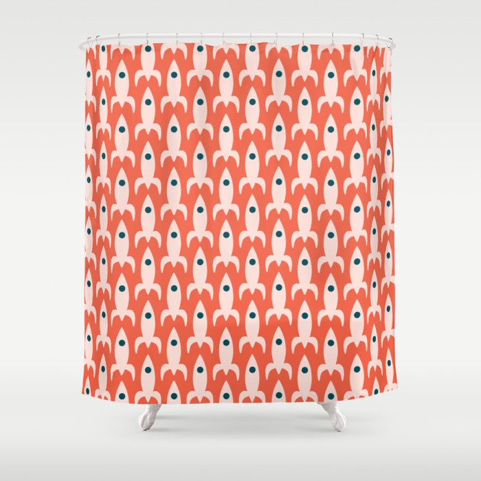Retro Rockets - Midcentury Modern Space Age Pattern in Blush, Dark Teal, and Coral Orange Shower Curtain Gallery Image 1