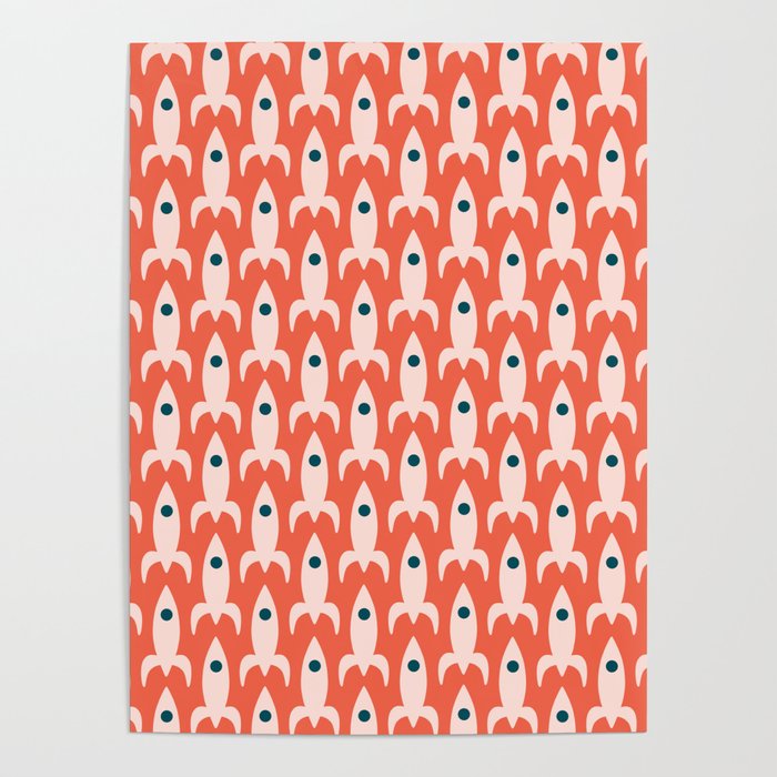 Retro Rockets - Midcentury Modern Space Age Pattern in Blush, Dark Teal, and Coral Orange Poster Gallery Image 1