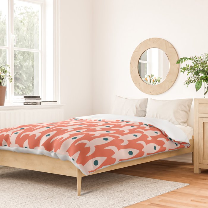 Retro Rockets - Midcentury Modern Space Age Pattern in Blush, Dark Teal, and Coral Orange Duvet Cover Gallery Image 2