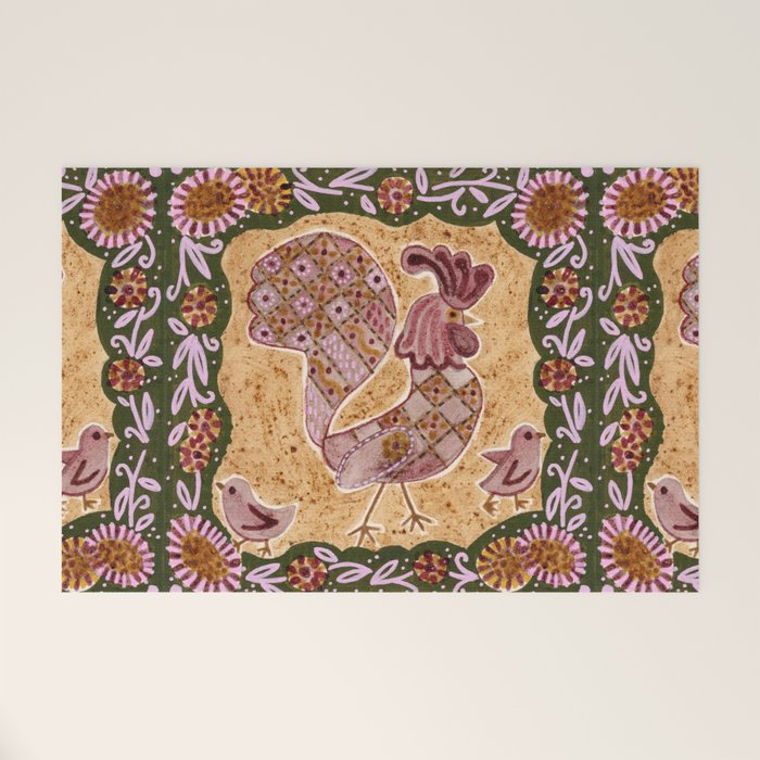 Rooster Painting in Forest Green - Folk Art Style Welcome Mat Gallery Image 1