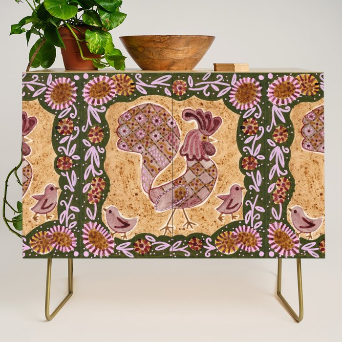 Rooster Painting in Forest Green - Folk Art Style Credenza Gallery Image 1