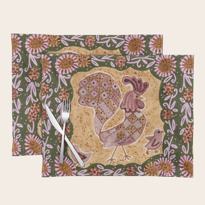 Rooster Painting in Forest Green - Folk Art Style Placemat Gallery Image 1