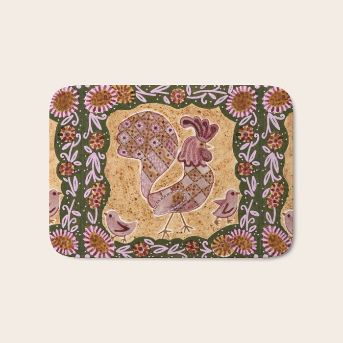 Rooster Painting in Forest Green - Folk Art Style Bath Mat Gallery Image 1