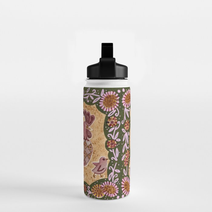 Rooster Painting in Forest Green - Folk Art Style Water Bottle Gallery Image 2