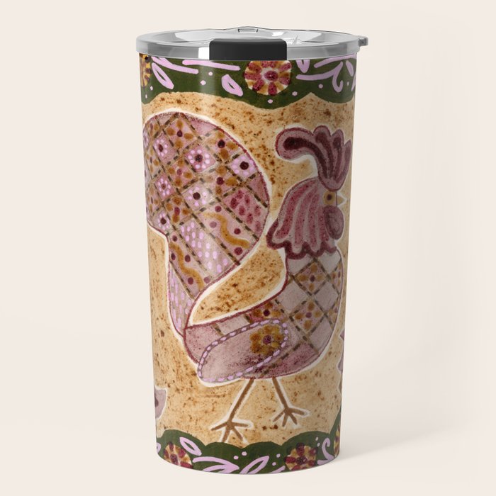 Rooster Painting in Forest Green - Folk Art Style Travel Mug Gallery Image 1