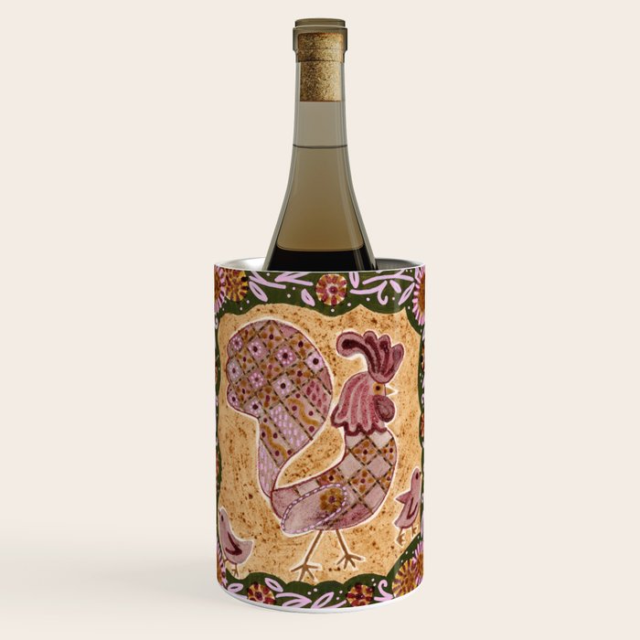 Rooster Painting in Forest Green - Folk Art Style Wine Chiller Gallery Image 1