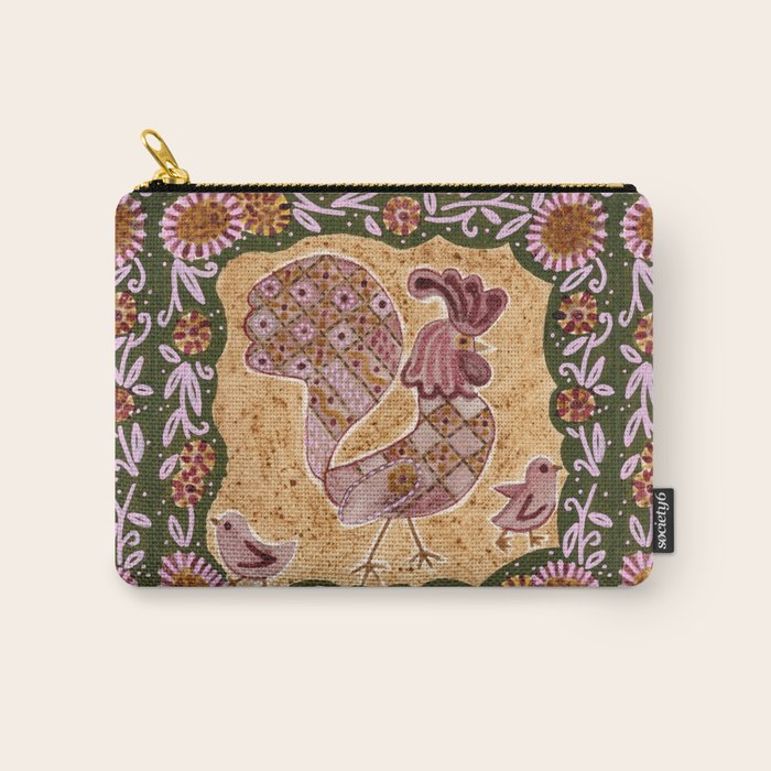Rooster Painting in Forest Green - Folk Art Style Carry All Pouch Gallery Image 1