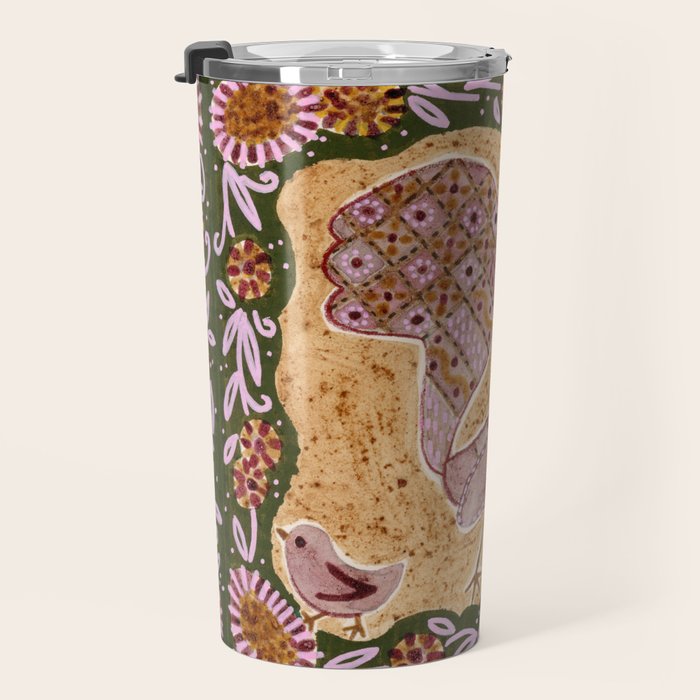 Rooster Painting in Forest Green - Folk Art Style Travel Mug Gallery Image 3