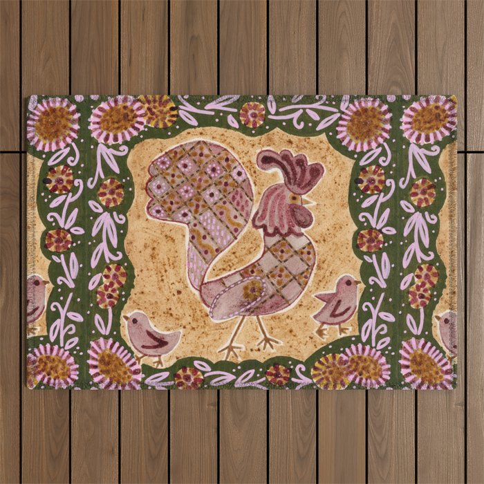 Rooster Painting in Forest Green - Folk Art Style Outdoor Rug Gallery Image 1