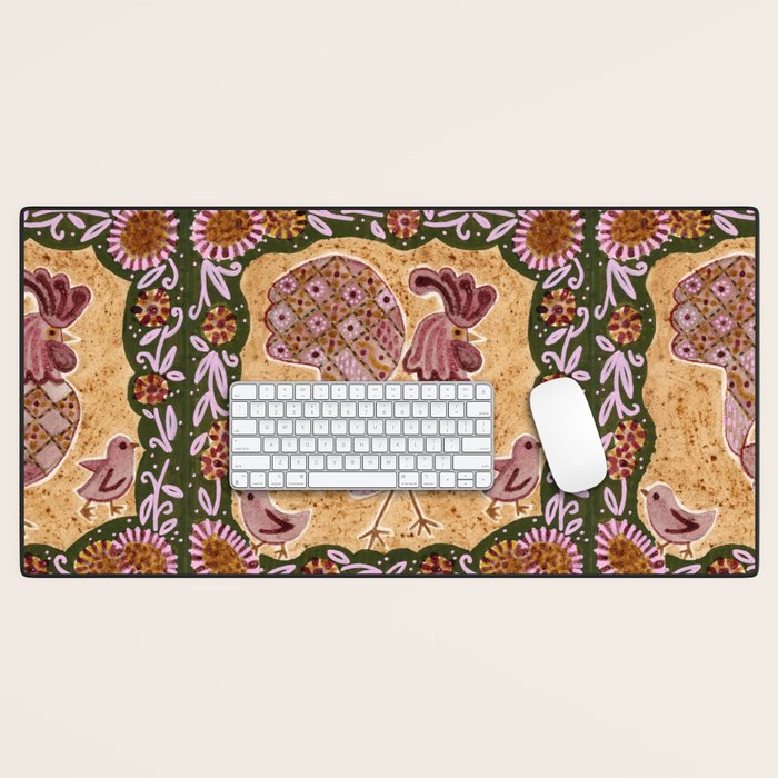 Rooster Painting in Forest Green - Folk Art Style Desk Mat Gallery Image 1