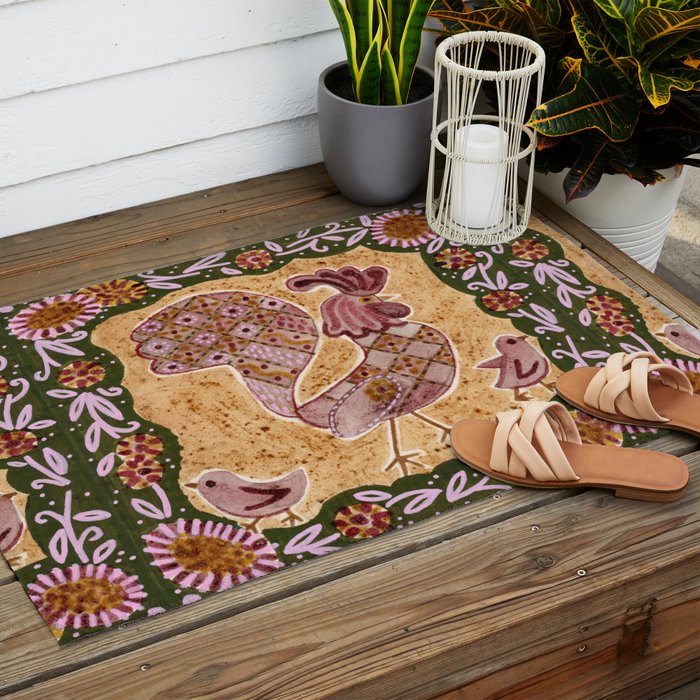 Rooster Painting in Forest Green - Folk Art Style Outdoor Rug Gallery Image 2