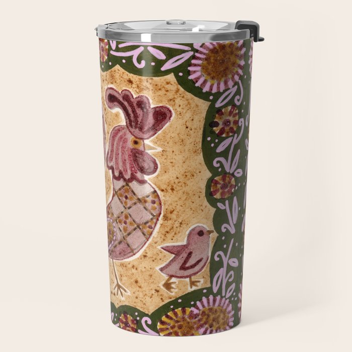 Rooster Painting in Forest Green - Folk Art Style Travel Mug Gallery Image 2
